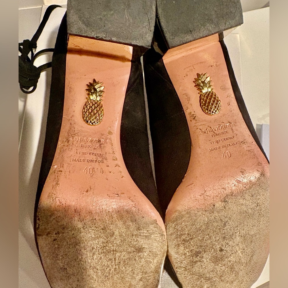 Aquazzura Black Suede Ankle-Tie Block Heels with Gold Embellished Heel - Picture 8 of 13
